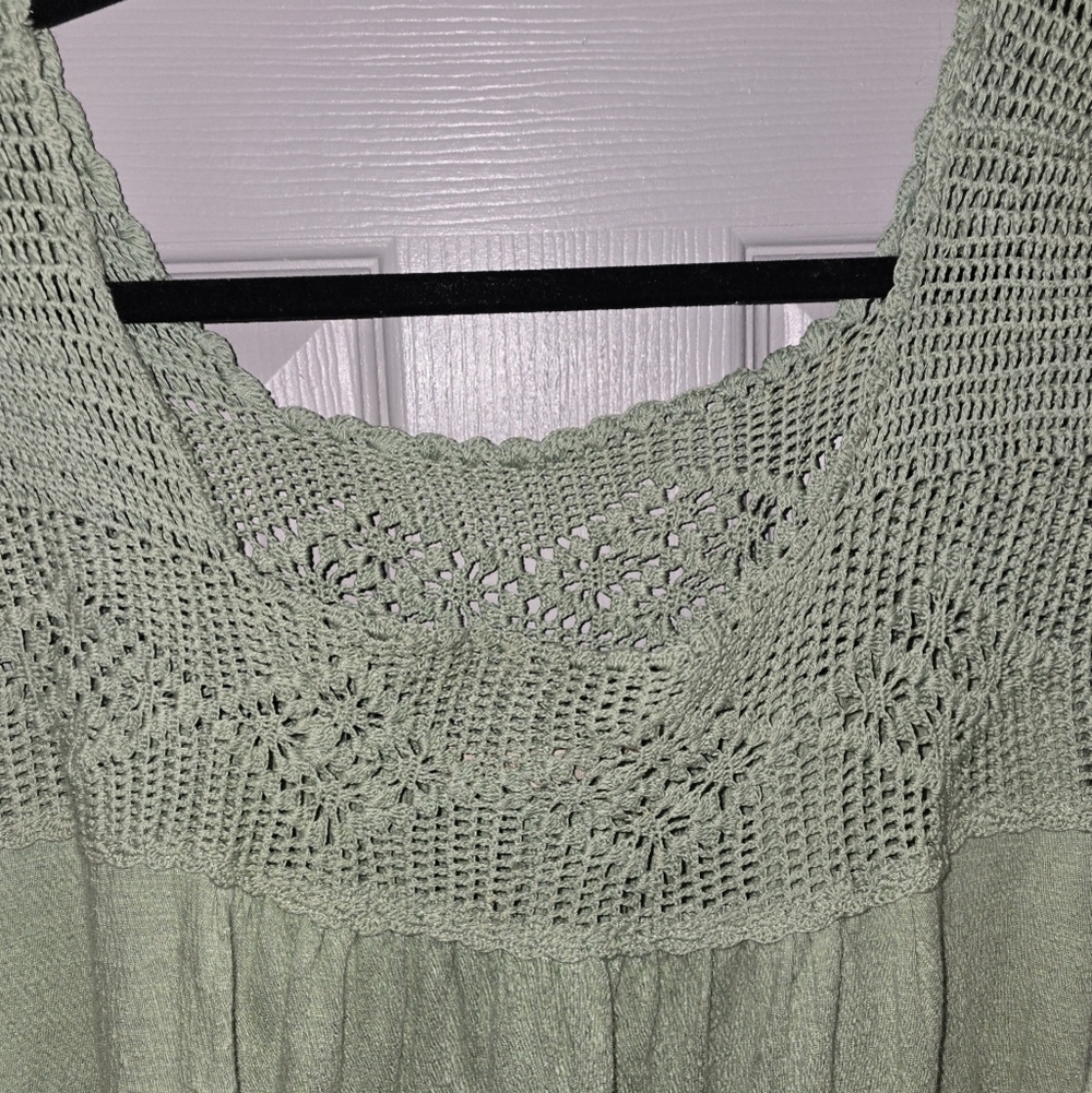 Soft Surroundings Sage Green Crochet Trim Light Flowy Boho Peasant Blouse Top L - Picture 4 of 8